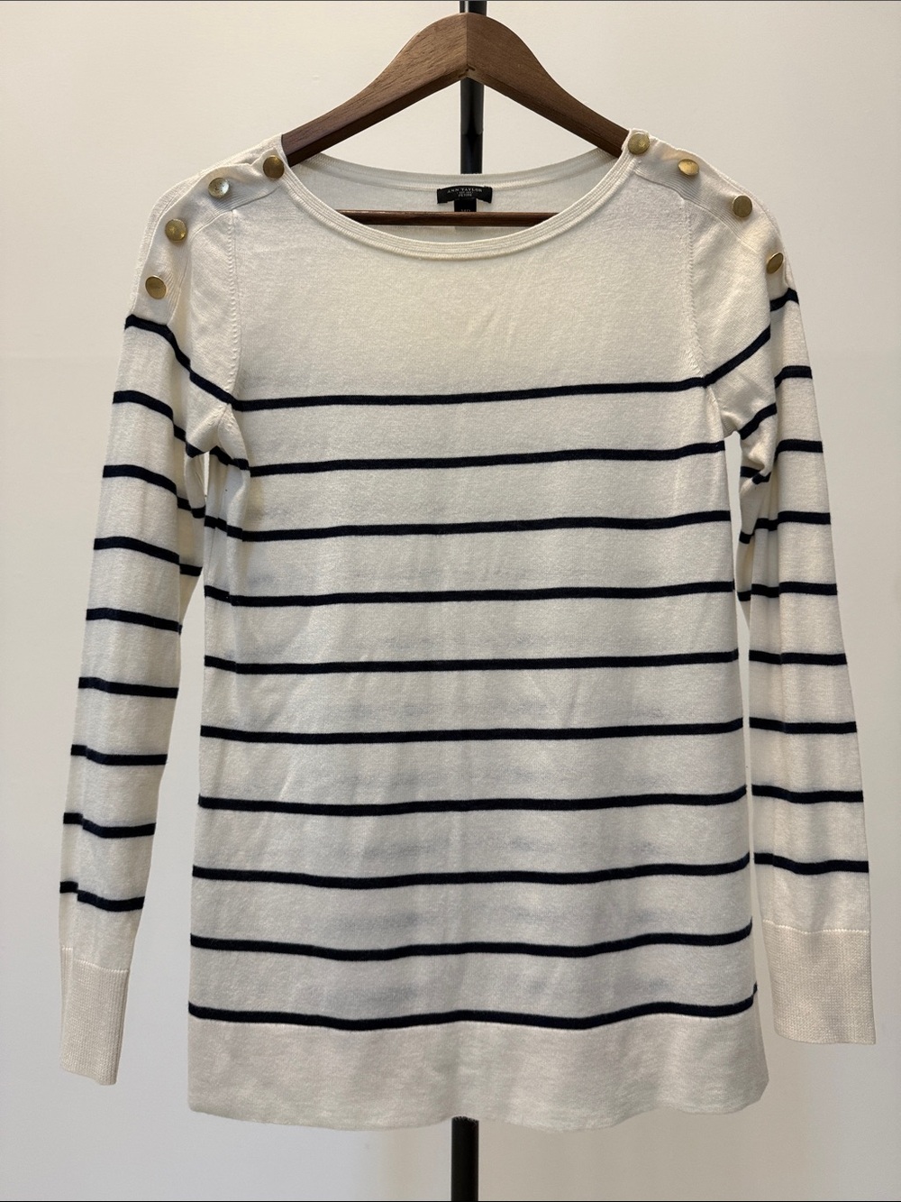 Ann Taylor Nautical Striped Button-Shoulder Sweater Ivory Navy | Size MP